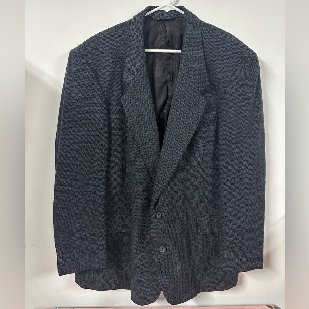 Executive Collection Mens Blue Tweed Wool Blazer Jacket Herringbone Size 46R